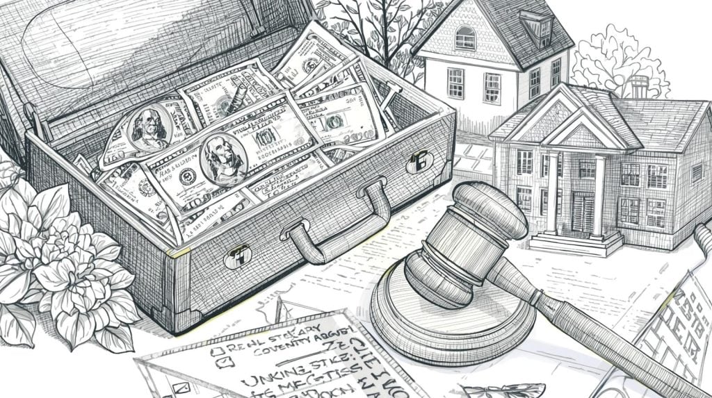 A briefcase full of cash beside a judge’s gavel and real estate documents, symbolizing real estate lawyer salaries — how much does a real estate lawyer make.