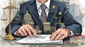 A professional real estate lawyer reviewing legal documents with scales of justice and courthouse illustrations in the background, symbolizing income and career growth in real estate law.