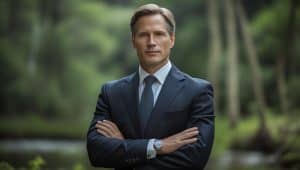 Confident lawyer in a suit standing outdoors, symbolizing what do environmental lawyers do in protecting natural resources and enforcing environmental laws.