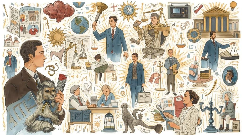 Illustration showing the financial success of real estate lawyers with money, gavel, and property models — highlighting how much a real estate lawyer makes.