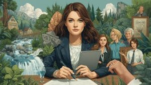 A confident attorney surrounded by nature and legal symbols, representing environmental law and sustainability — how much do environmental lawyers make.