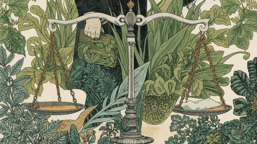 Scales of justice surrounded by green foliage, symbolizing fairness and environmental protection — representing what is an environmental lawyer.