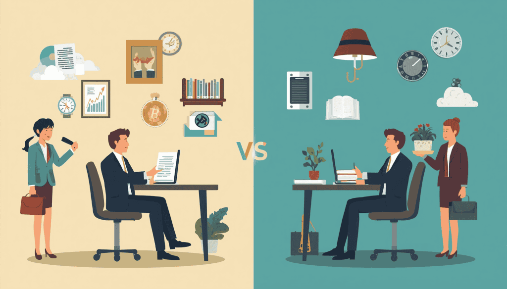 Civil rights attorneys versus other types of lawyers shown in a split office illustration with documents.