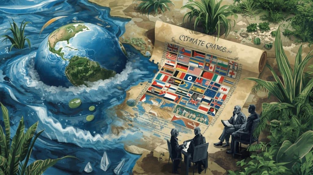 International Environmental Law: Principles, Treaties, Enforcement, and Global Impact 6 Illustration of the Earth surrounded by rising water beside a climate change agreement document featuring multiple national flags, symbolizing how international environmental law addresses global climate change through cooperation among countries.