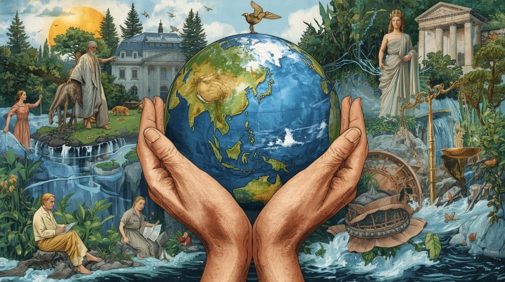 International Environmental Law: Principles, Treaties, Enforcement, and Global Impact 1 Hands holding the Earth surrounded by nature, classical legal symbols, and flowing water, symbolizing international environmental law and the global responsibility to protect the environment through shared legal principles.
