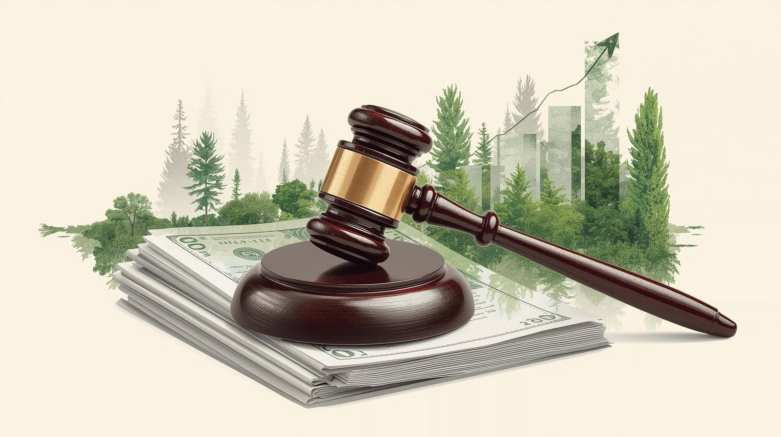 Judge’s gavel resting on a stack of money with trees and rising charts in the background, symbolizing environmental lawyer salary trends and career earnings growth in the US.