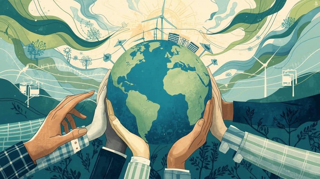 International Environmental Law: Principles, Treaties, Enforcement, and Global Impact 9 Illustration of diverse hands holding the Earth surrounded by wind turbines, renewable energy symbols, flowing green lines, and sustainable technology elements, representing future trends in international environmental law and global environmental cooperation.