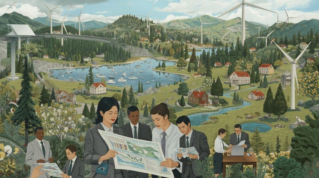 Group of environmental lawyers and analysts reviewing sustainability reports in a landscape with wind turbines, rivers, and green communities, illustrating what is environmental law in action.