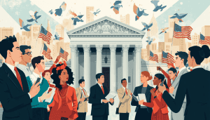 Illustration for how to become a civil rights lawyer, with people gathered outside a courthouse