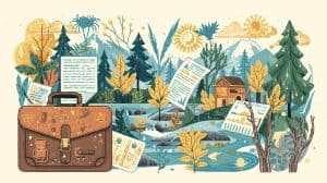 Briefcase, legal documents, and nature scene illustrating the education, career path, and skills needed for how to become an environmental lawyer.