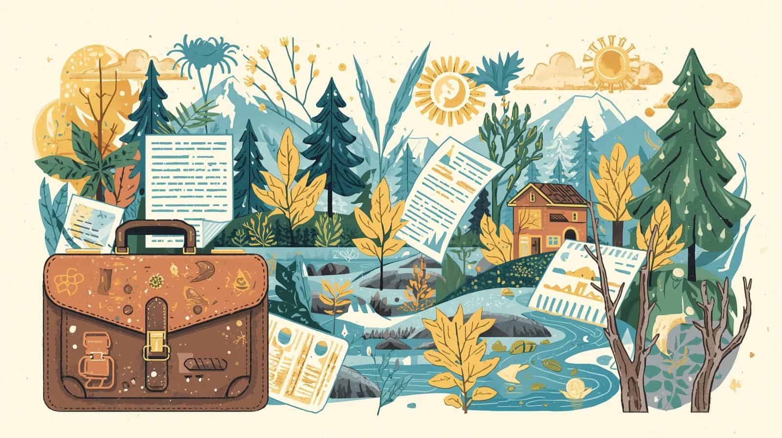 Briefcase, legal documents, and nature scene illustrating the education, career path, and skills needed for how to become an environmental lawyer.