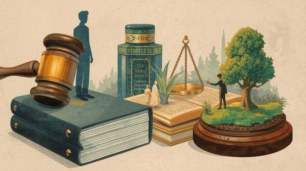 Books, gavel, justice scale, and a tree symbolizing environmental law and sustainability, illustrating how experience affects environmental lawyer salary and career growth.