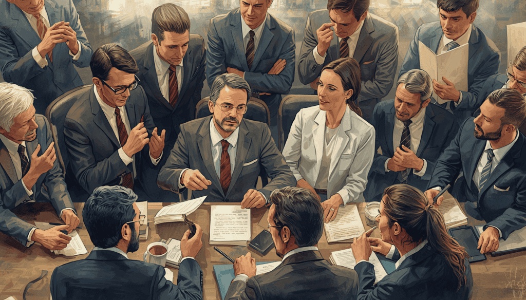 Civil rights attorneys discuss documents around a conference table during a legal strategy meeting.