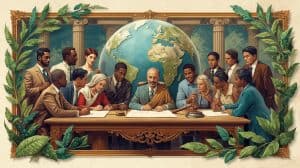 International leaders and legal experts signing a global agreement beneath a world map, representing international environmental law, cross-border cooperation, and worldwide environmental protection efforts.