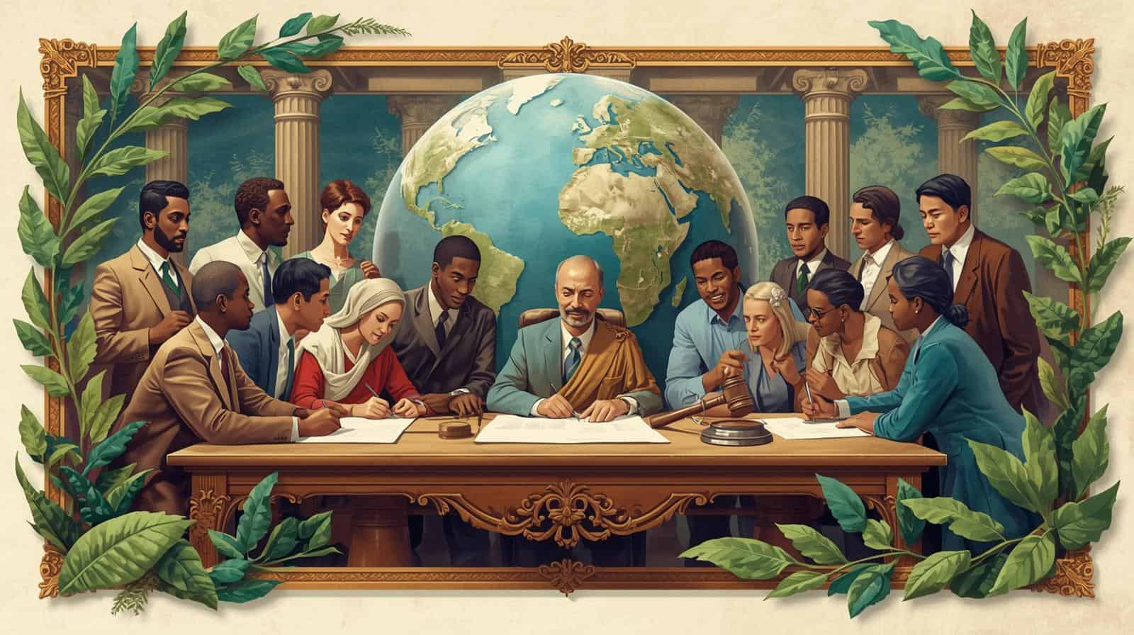 International leaders and legal experts signing a global agreement beneath a world map, representing international environmental law, cross-border cooperation, and worldwide environmental protection efforts.