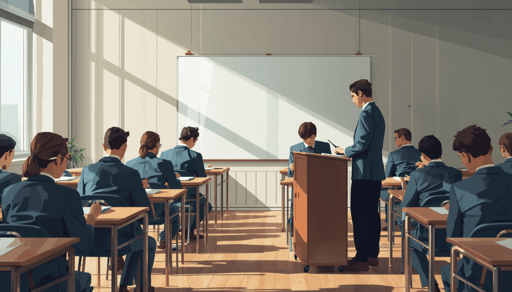 Classroom scene for how to become a civil rights lawyer, with students listening to a presenter
