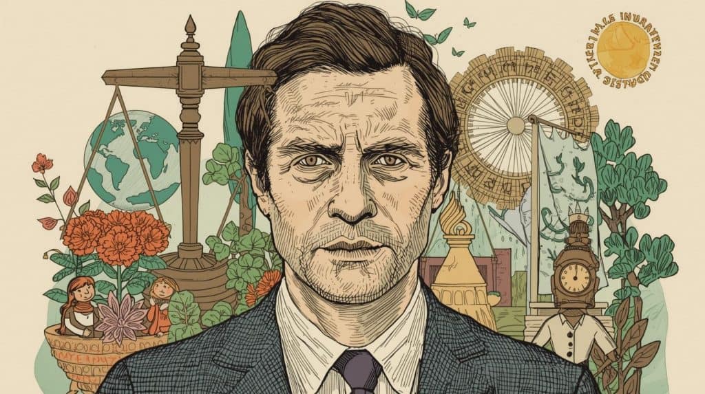 Environmental lawyer surrounded by symbols of nature, justice, and sustainability, representing career paths and pay differences in the environmental lawyer salary field.