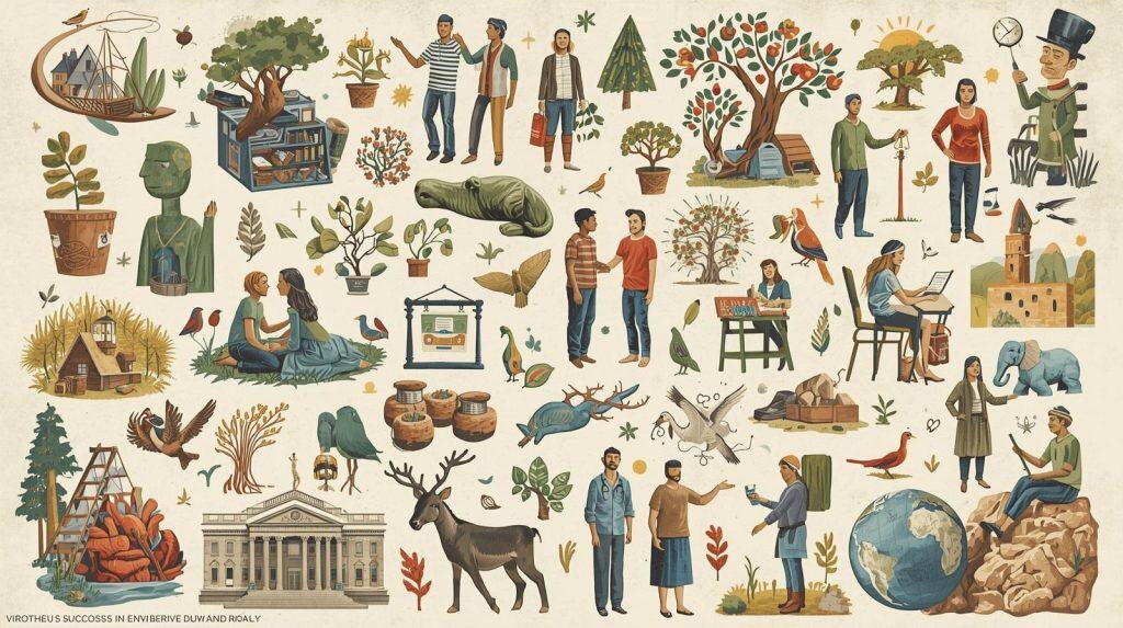 An artistic representation of successes in environmental law showing people, nature, and justice symbols, helping explain what is an environmental lawyer and their impact on protecting the planet.