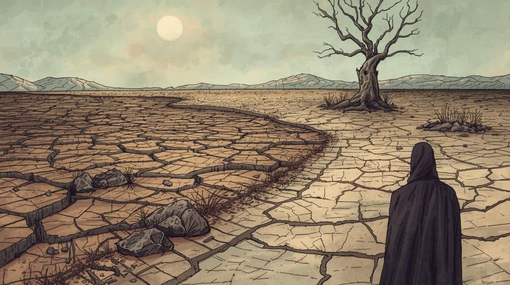 A lone figure stands before a cracked, barren landscape and a dead tree, symbolizing the consequences of neglecting environmental protection and illustrating what is environmental law.