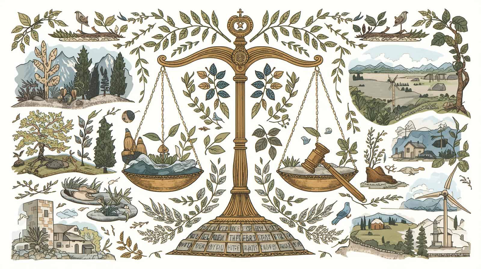 Scales of justice surrounded by nature scenes, trees, and wind turbines symbolizing balance between law and the environment, representing what is environmental law.