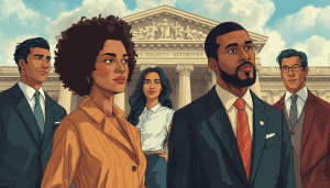 Illustration for what is a civil rights attorney, showing legal professionals outside a courthouse.