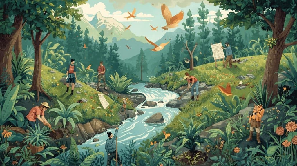 Volunteers and environmental lawyers working together near a river to protect forests and wildlife, demonstrating what is environmental law through community action and conservation.