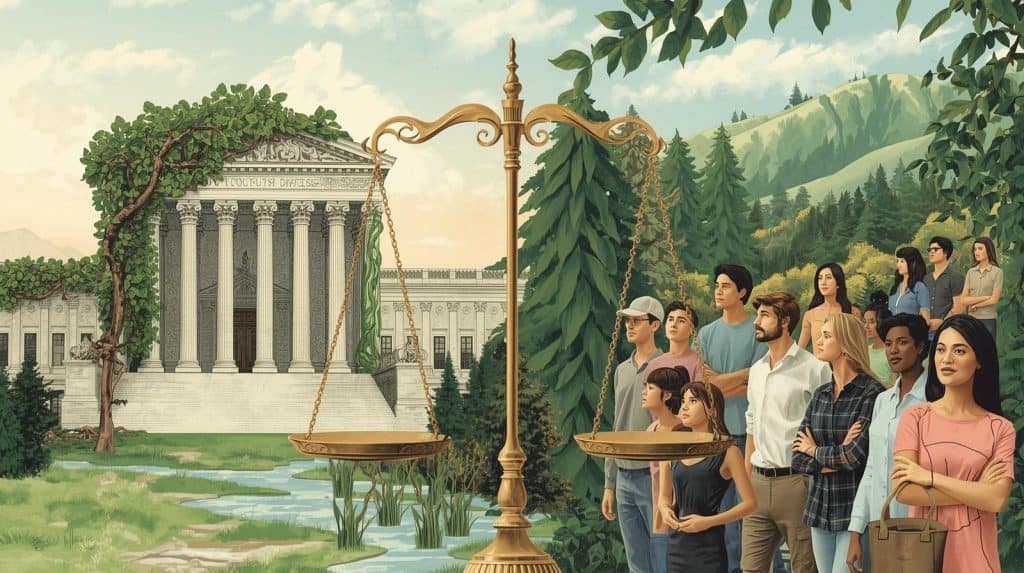 Group of people standing before a courthouse surrounded by nature, symbolizing justice, sustainability, and the importance of understanding what is environmental law in protecting communities and the planet.