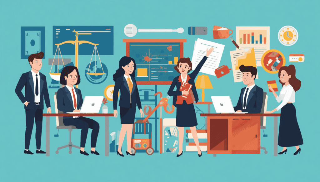 Lawyers for civil cases work in an office with laptops, legal documents, and scales of justice.