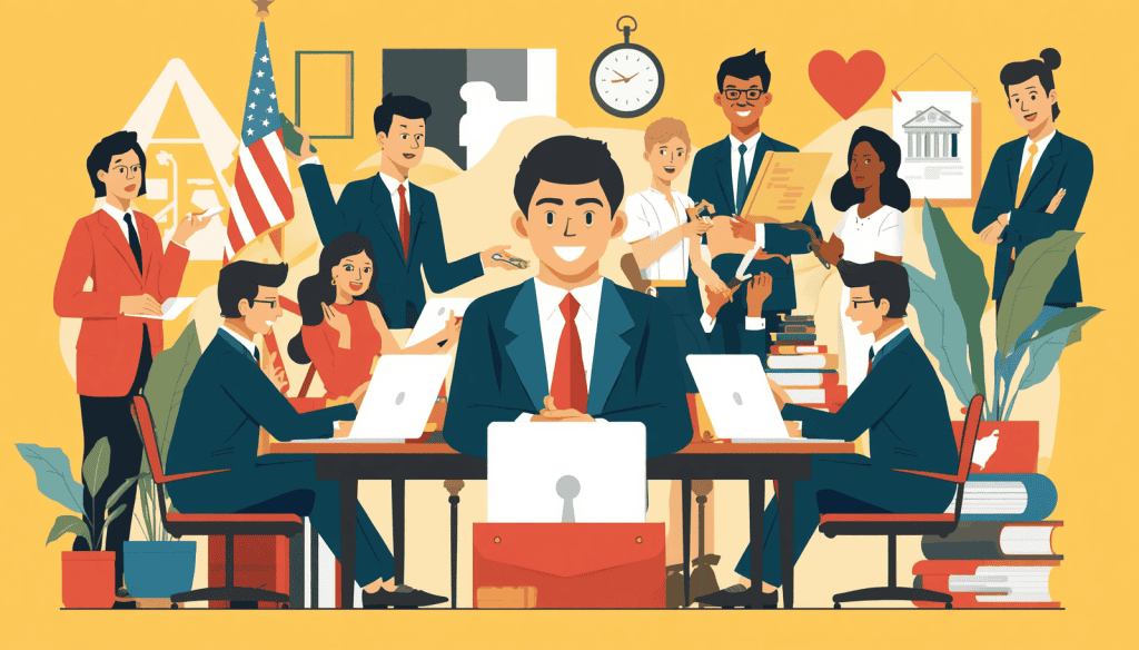 Illustration of lawyers for civil cases gathered around desks with documents, laptops, and legal symbols.