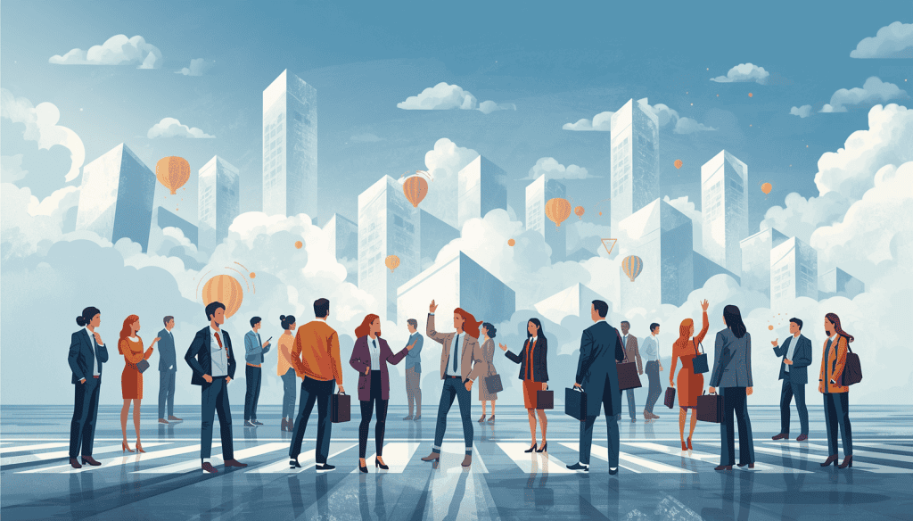 Professionals with briefcases gather in a city skyline illustration with clouds and hot air balloons.
