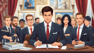 Illustration of the civil rights lawyer leading a team in an office with legal documents and justice scales.