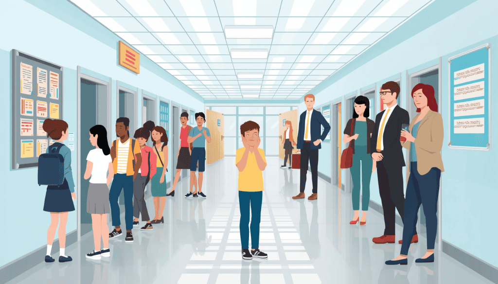 Education law attorney concept showing a school hallway with students, staff, and civil rights concerns.