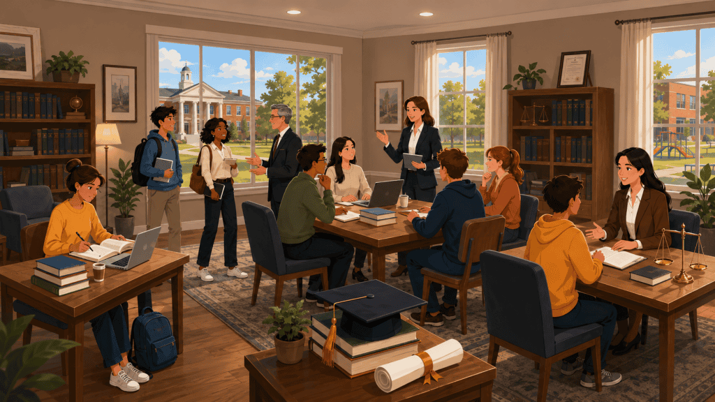 How to Become an Educational Lawyer Educational lawyer career scene with students, advisors, law books, graduation cap, and legal scales.