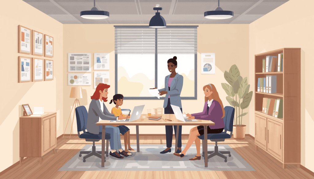 Special education law degree consultation scene with adults and a child discussing paperwork in an office.