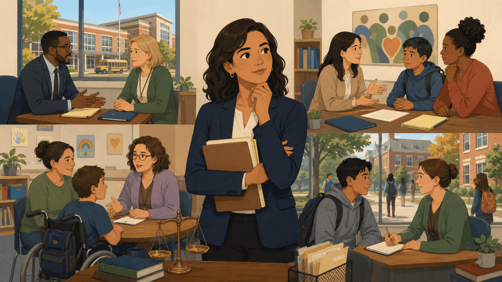 Lower Paying but Common Education Law Paths Educational lawyer salary concept with school meetings, student advocacy scenes, and legal scales.