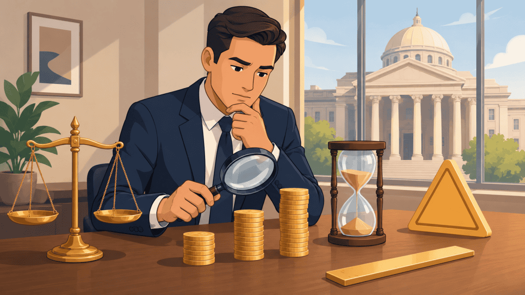 Official Lawyer Salary Benchmarks to Use Carefully Educational lawyer salary concept with a lawyer reviewing coin stacks, scales, and pay risk symbols.