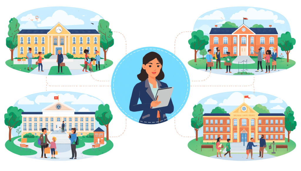 Education law attorney concept showing a central professional connected to multiple school campus cases.