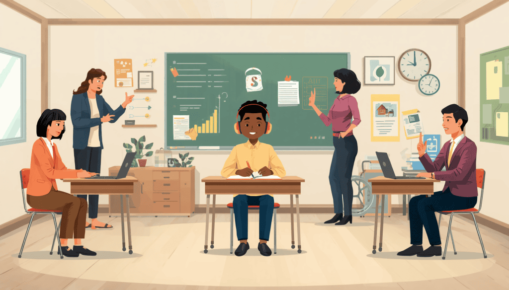 Education law attorney concept showing a student with headphones during an IEP or 504 plan classroom meeting.