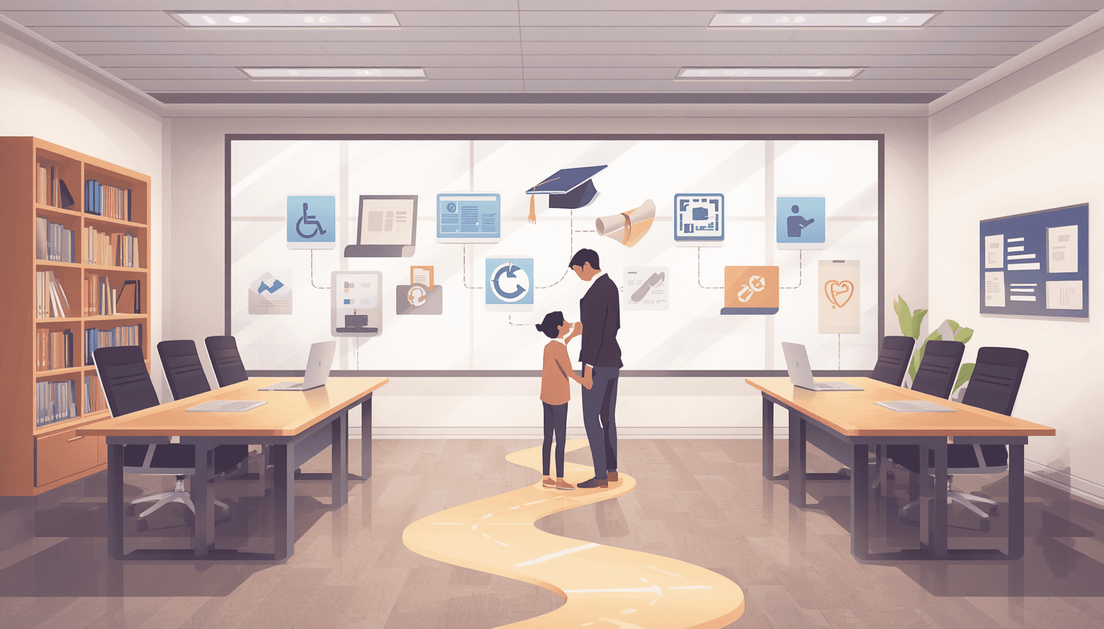 Special education law degree concept with an adult and child beneath graduation and accessibility icons.