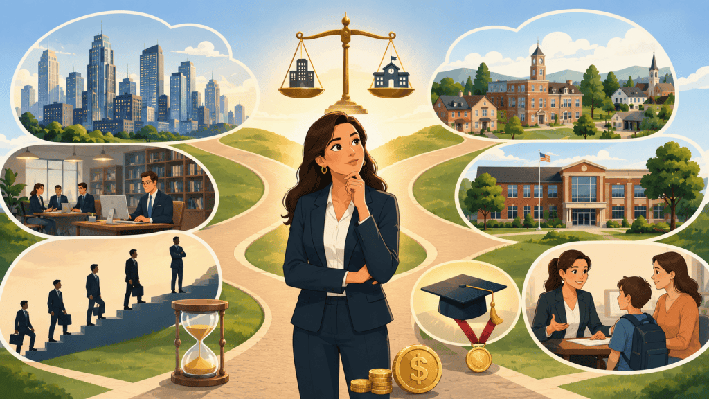 What Affects an Educational Lawyers Salary Educational lawyer salary concept with a lawyer at career paths, legal scales, schools, coins, and office scenes.