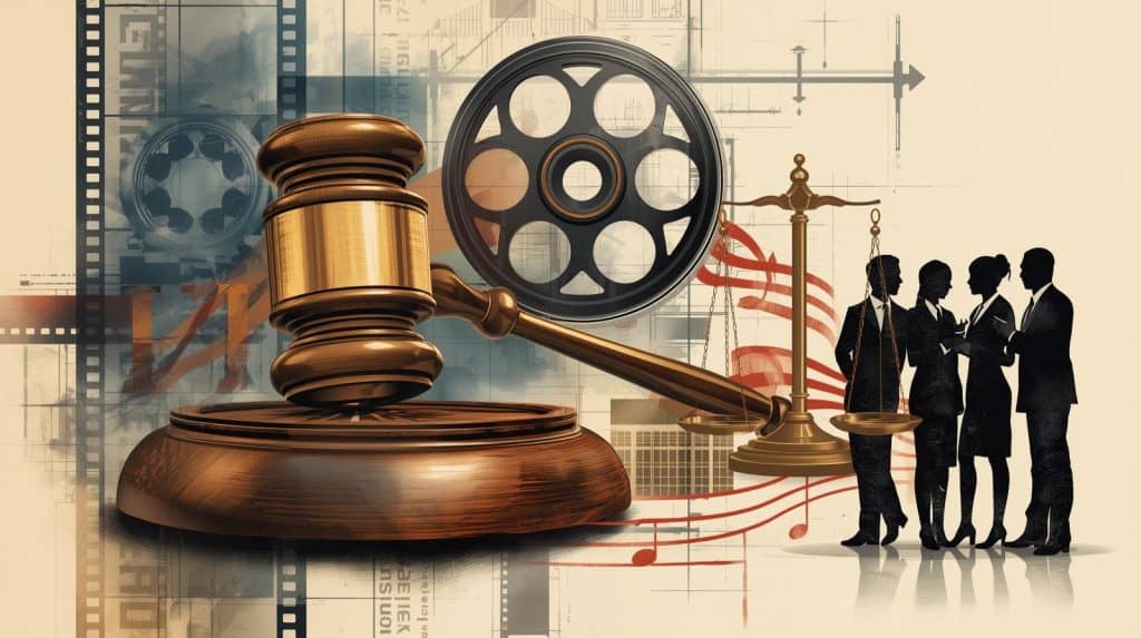 Symbolic illustration of a gavel, film reel, and legal team representing entertainment law, depicting how much does an entertainment lawyer make and the connection between law, media, and creative industries.