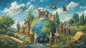 People gathered around the globe with nature and justice symbols, representing the Center for International Environmental Law.