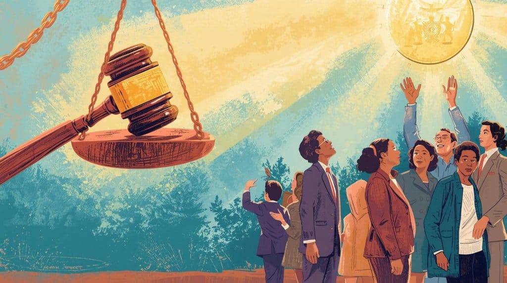 Illustration of a judge’s gavel on a balance scale shining above a group of citizens raising their hands, symbolizing citizen rights and public interest litigation under the Environment Protection Act and environmental legal enforcement.