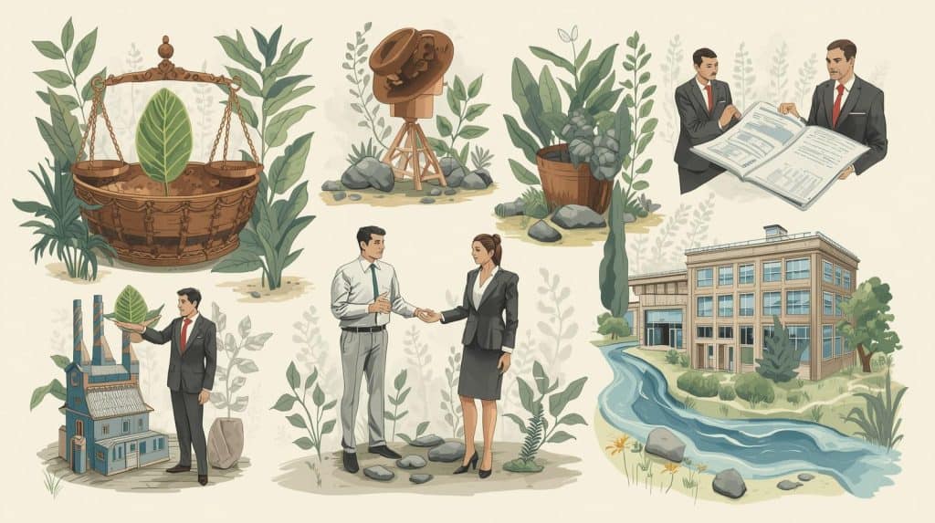 Illustration of business professionals reviewing documents, shaking hands, inspecting a factory, and standing near a river and office building, symbolizing compliance requirements for businesses under the Environment Protection Act and environmental regulatory obligations.