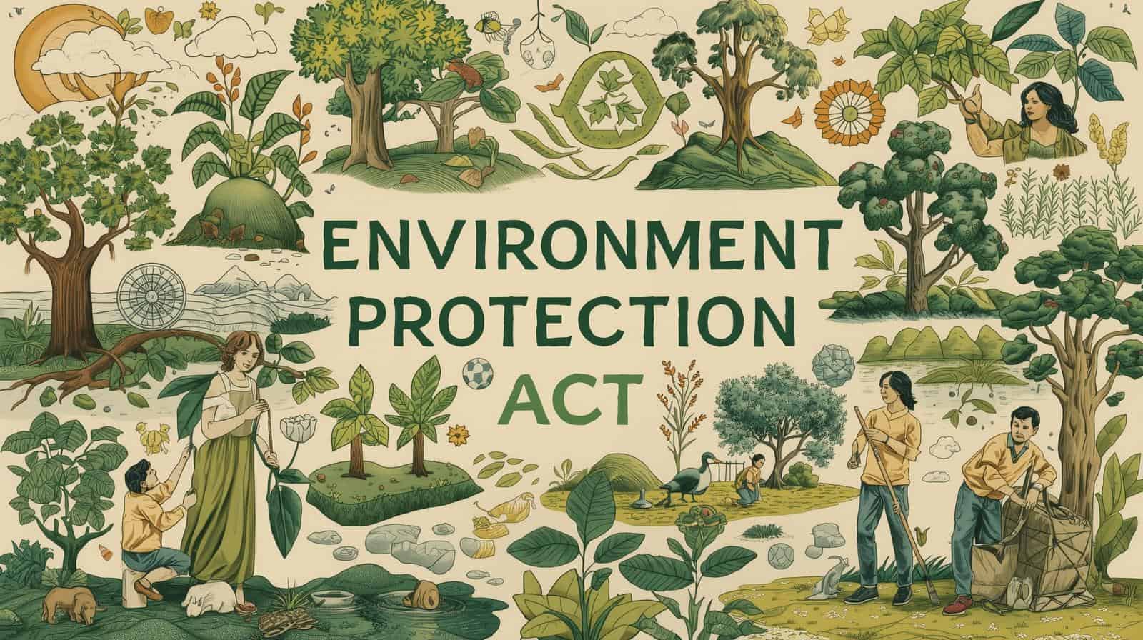 Illustration showing trees, plants, and people cleaning and planting around the bold title “Environment Protection Act,” symbolizing environmental conservation, legal protection measures, and community responsibility under the Environment Protection Act.