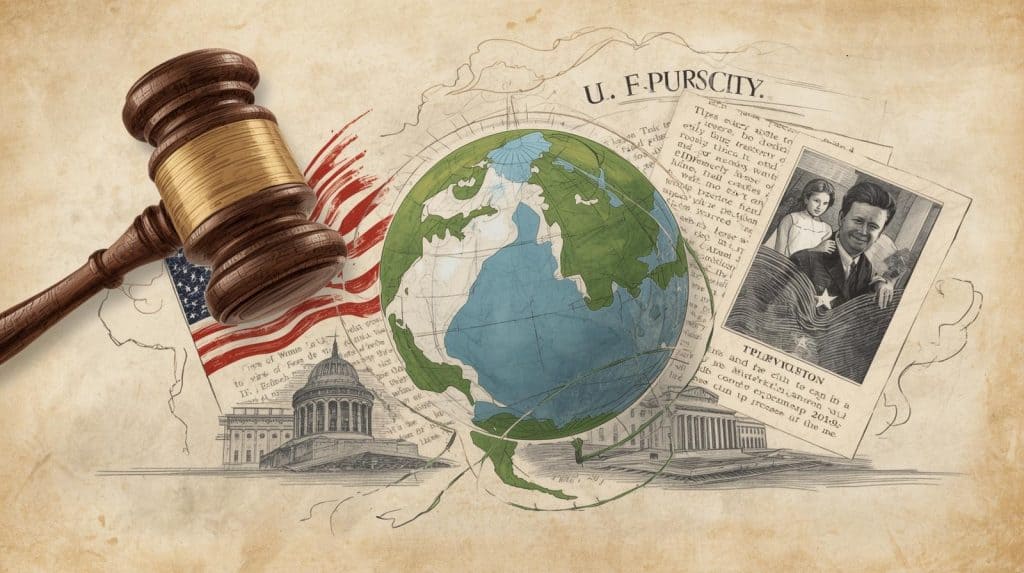 A symbolic illustration of divorce immigration lawyer services, featuring a gavel, U.S. flag, globe, and legal documents representing family, immigration, and divorce law combined.