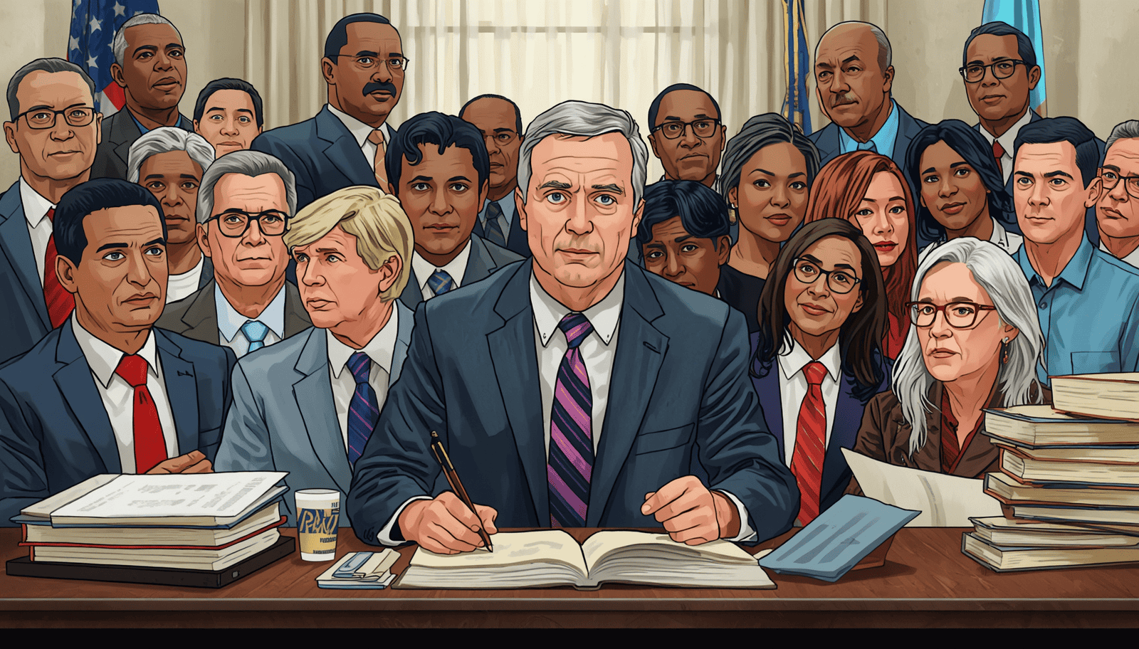 Group of attorneys and staff in a law office with papers, books, and an American flag behind them.