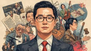 Portrait of an entertainment lawyer surrounded by creative professionals and legal documents, representing how much does an entertainment lawyer make and the diverse industries they work with in film, music, and television.