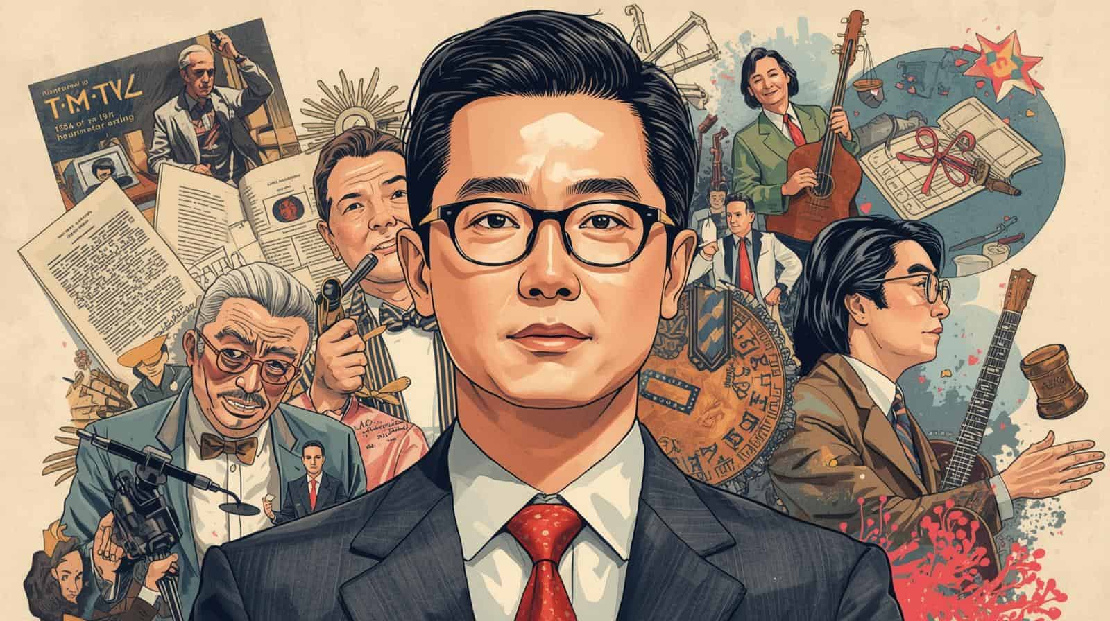 Portrait of an entertainment lawyer surrounded by creative professionals and legal documents, representing how much does an entertainment lawyer make and the diverse industries they work with in film, music, and television.