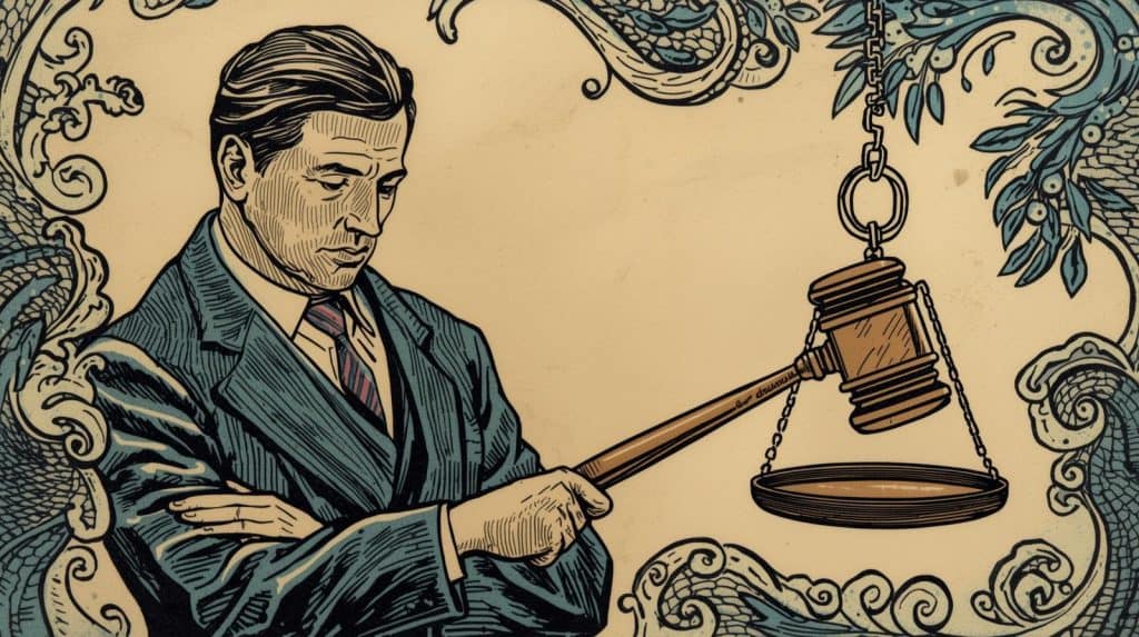 Illustrated lawyer in a suit holding a gavel balanced with scales of justice, symbolizing fairness in divorce and immigration cases. Artwork features intricate legal and cultural motifs in the background, representing the complex role of a divorce immigration lawyer.
